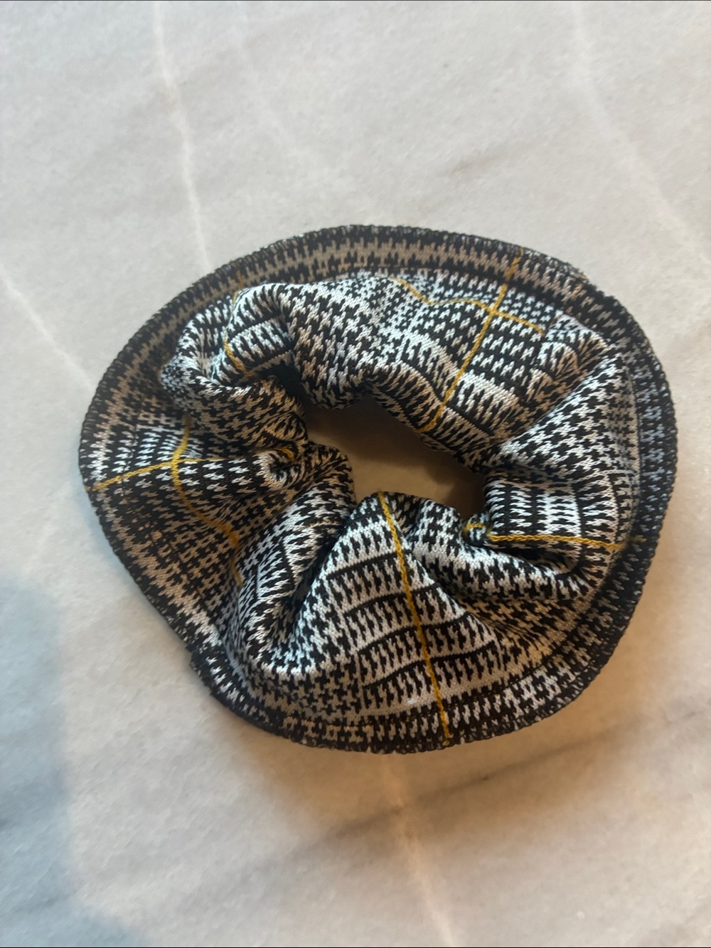 Checked Knit Scrunchie Hair Tie in Black and White with Yellow Accent
